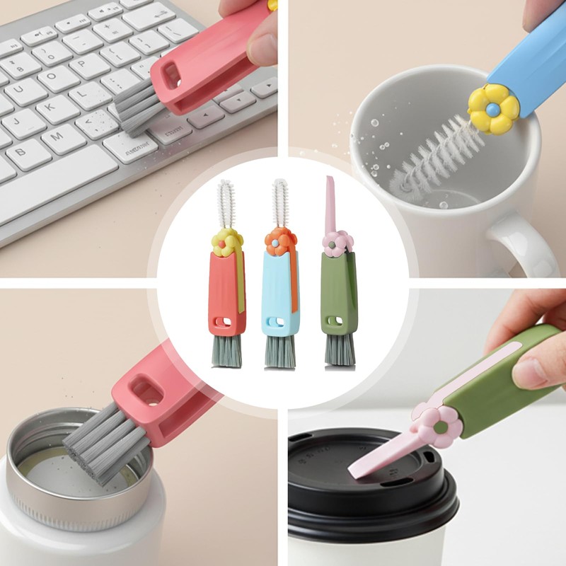 3 Pcs 3-in-1 Cup Lid Crevice Cleaning Brush, Portable Multifunctional