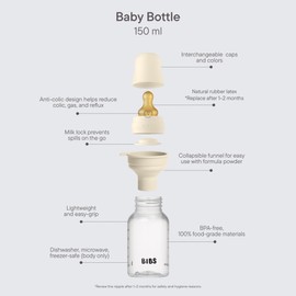BIBS Baby Bottle 5 oz / 150 ml Natural Rubber Latex Nipple - Anti-Colic, BPA-Free, Round Nipple, Slow Flow, Lightweight & Easy to Clean, Suitable for Newborns 0+ Years - Blush