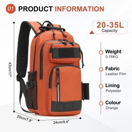 SUIKIHUM 35L Fishing Backpack with Rod Holder, Waterproof Tackle Sling Crossbody Bag with Multi Pocket for Fishing Camping Hunting Hiking, Orange