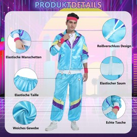 Mrsclaus Mrsclaus 80er 90er Jahre Outfit für Herren Damen Jogginganzug Trainingsanzug Kostüm Erwachsene Disco Karneval Partnerkostüme Set mit Pop Rock Perücke Radio Telefon C055M