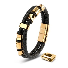 SERASAR Gold Bracelets for Men 17cm Gold Bracelet Gift-Box Genuine-Leather Cowhide Braided Adjust-Able Magnetic-Clasp Multi-Layer Wrap Rope Man Mans Male Band Jewelry Magnet Accessories