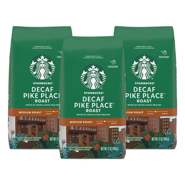 Starbucks Decaf Pike Place Roast, Ground, 12 oz. Bag (Pack of 3) (Pack of 3)