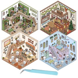 4 Pcs Sticker Therapy,3D Sticker Scene,Miniature Sticker Scene,Stress Relief 3D House Stickers,Fun DIY Stickers Scene Make,Suitable for Children and Adults (with Tweezers)
