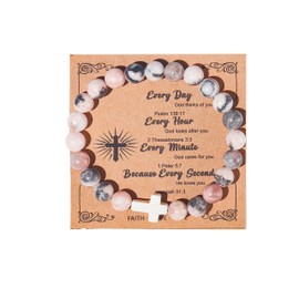 Christian Gifts for Women Godmother Men Cross Beads Stretch Bracelet Catholic Religious Natural Stone Pink Zebra Bracelet Inspirational Mothers Day Birthday Easter Jewelry Gifts(Every day God thinks of you)