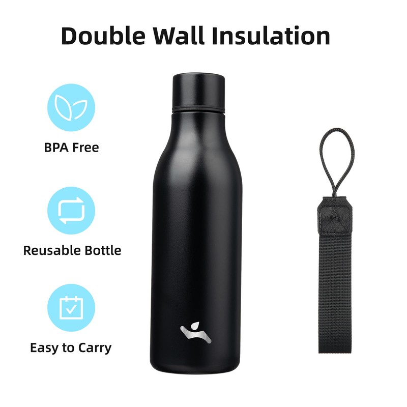 Konokyo Insulated Water Bottle with Strap,18 oz Double Wall Stainless