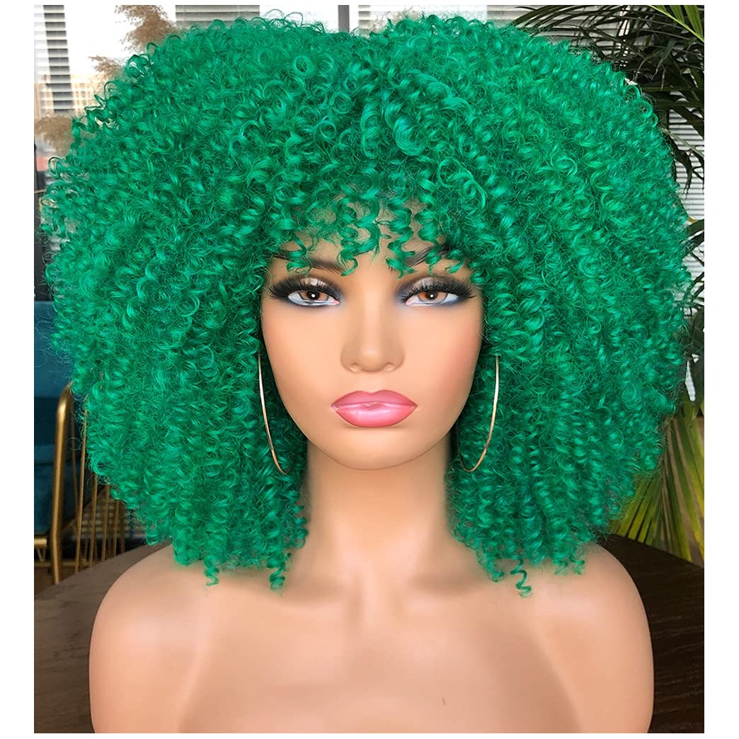 RunM Short Curly Afro Wig With Bangs for Black Women Green Kinky Curly Hair Wig Afro Synthetic Heat Resistant Full Wigs（Green ）