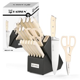 16 Piece High Carbon Steel Knife Set With Block, ABS Ergonomic Handle Kitchen Knives, Sharpener and Shears for Choppingcolor: White