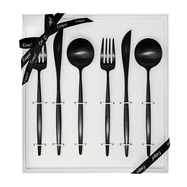 Cutipol MOON Matte Black Dinner (2 Knife, Fork, Spoon, 2 Each), Set of 6, Genuine Ribbon Hanger, White Gift Box