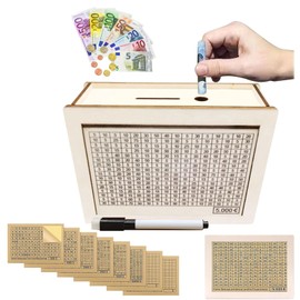 Wooden Money Box with Numbers Tick with Counter, Piggy Bank with Savings Target, Money Box 10,000 € 500 € 1,000 € 2,000 € 3,000 € 5,000 € Euro