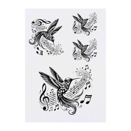4 x 'Musical Hummingbird' Temporary Tattoos - Water Resistant, Skin-Safe, Non-Toxic Transfers, Mixed Sizes (TO00076940)