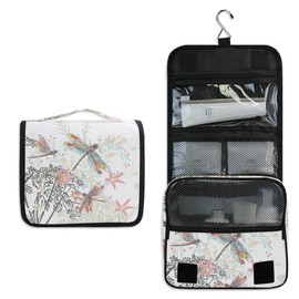 Hanging Travel Toiletry Bag Hippo Swimming Kit Makeup Case Cosmetics Organizer for Men Women (Flowers And Dragonfly)