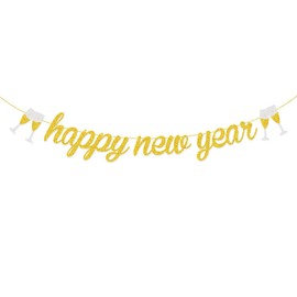 Happy New Year Banner - Gold NYE Decorations 2024 - Glitter New Years Eve Sign for New Years Eve Party Supplies 2024 - Happy New Year Decorations 2024 Photo Backdrop Props