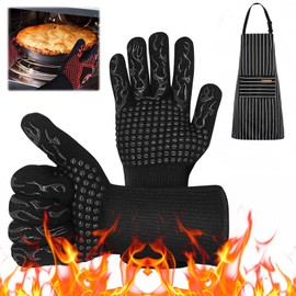 XGHEO Guantes de Barbacoa, Guantes Resistentes al Calor para Asar 800 °C / 1472 °F, Guantes para Horno, Viene con Delantal, Guante Cocina Silicon para Barbacoa, Cocción, Horneado (Negro)