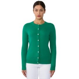 JENNIE LIU Women's 100% Cashmere Button Front Long Sleeve Crewneck Cardigan Sweater