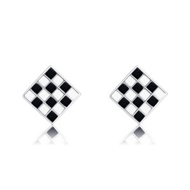 URONE Checkered Earrings 925 Sterling Silver Black and White Checkered Stud Earrings Checkered Jewelry for Women