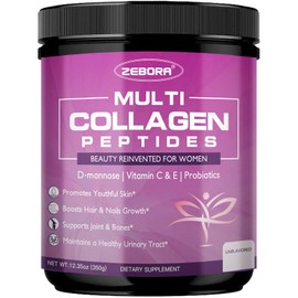 ZEBORA Multi Collagen Peptides Powder for Women – Hydrolyzed Collagen Peptides with D-Mannose & Women's Probiotics – Supports Skin, Hair, Nails, and Urinary Tract Health, Unflavored, 35 Servings