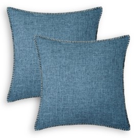 CaliTime Throw Pillow Cases Pack of 2 Cotton Thread Stitching Edges 2 Tone Woven Rustic Linen Cushion Covers for Couch Sofa Home Farmhouse Decoration 18 X 18 Inches Smoke Blue