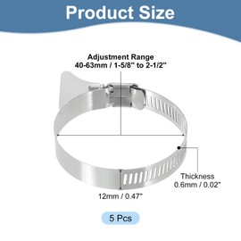 uxcell 5Pcs Stainless Steel Hose Clamps Worm Gear Hose Clamp, 40-63mm (1-5/8"to 2-1/2") Adjustable Thumb Screw Key Type Clamps Fuel Line Clamps 12mm Bandwidth for Plumbing, Automotive