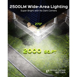 JACKYLED Solar Outdoor Lights，4000mAh Large Battery 2500LM Security Lights with Remote Control,IP65 Waterproof 4-Head Solar Motion Lights for Outside Yard (1 Pack)