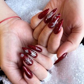 Christmas Fake Nails Medium Almond Press on Nails Xmas Snowflakes Acrylic Nail Red Glitter False Nails Winter Christmas Tree Stick on Nail Reusable Glue on Nails for Women DIY Manicure Salon 24Pcs