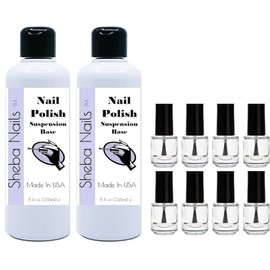 Sheba Nails Nail Polish Mixing Suspension Base 2 Pack of 8 oz (16 oz total) PLUS 8 count Mini Empty Nail Polish Bottles- DIY Make Your Own Nail Polish with Suspending Nail Polish Base