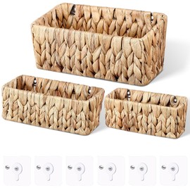 Threehoney 3 Pcs Seagrass Woven Hanging Wall Baskets with 6 Wall Mounting Hooks Hanging Storage Baskets Wall Basket Decorative Bathroom Wall Mount Organizer for Boho Room Decor Letters Mail Kitchen