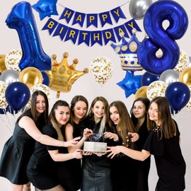 18th Birthday Decorations for Boys Girls,Blue 18th Birthday Party Decorations with Happy Birthday Banner,Number Balloons,Star Foil,Confetii and Latex Balloons