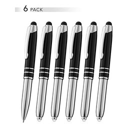 SyPen Stylus Pen for Touchscreen Devices, Tablets, iPads, iPhones, Multi-Function Capacitive Pen with LED Flashlight, Ballpoint Ink Pen, 3-in-1 Metal Pen, 6PK, Black