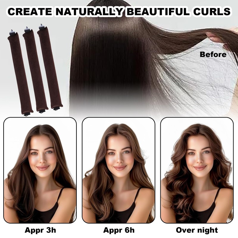 Pack of 3 Heatless Curls, Flexi Rods with Hooks, Overnight,