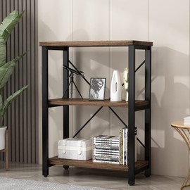 3 Tier Industrial Solid Wood Bookcases, Open Etagere Bookshelf with Metal Frame, Rustic Wood and Metal Shelving Storage Organizer for Living Room Book Shelves Furniture (AY01-3tier)