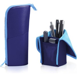 KOKUYO Pencil Case Pouch, Neo Critz Standing Pen Pouch Bag, Foldable Stand up Pencil Holder Organizer, Small Portable Pencil Box for School Office Supplies, Navy x Light Blue, Large Size (F-VBF181-2)