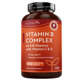 Nutravita Vitamin B Complex with Vitamin C + D + Biotin - 500 Tablets for +1 Year Vorat, Metabolism, Mental Function, Nervous System (EFSA)