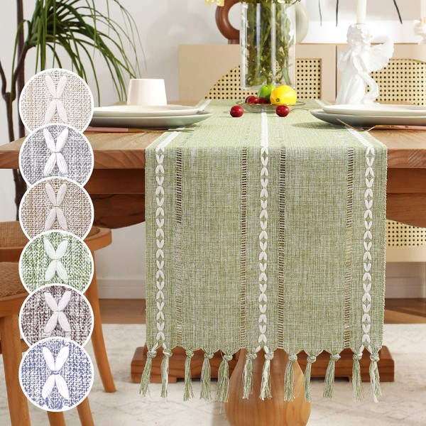 GSG Farmhouse Table Runner Boho Style Linen 120 Inch Long, Handmade Rustic Table Runner with Tassels for Holiday Party Dining Room Kitchen,13“ x 120” Long Dresser Scarf,Green