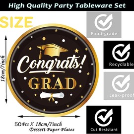 GOGUOGOFA 50Pcs Gold Graduation Party Supplies 2025,Black and Gold Party Plates 7" Graduation Party Plates for Glitter Congrats School College Kindergarten High Graduation Party Decorations (Black)