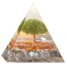 dssmboom Tumbled Labradorite Crystal Pyramid Positive Energy Generator for Reiki Healing Chakra Balancing, Resin with Copper Wire Peridot Tree of Life Orgone Pyramid for Home Office Decor
