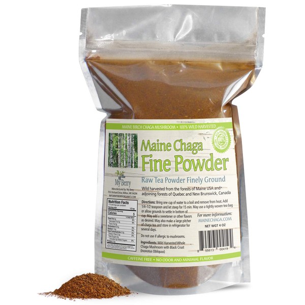 My Berry Organics Maine Chaga Tea Fine Mushroom Powder, No Pesticides, Not an Extract but Whole Chaga Wild-Harvested, 4oz, Woman-Owned, Small Business, Not sourced from Overseas