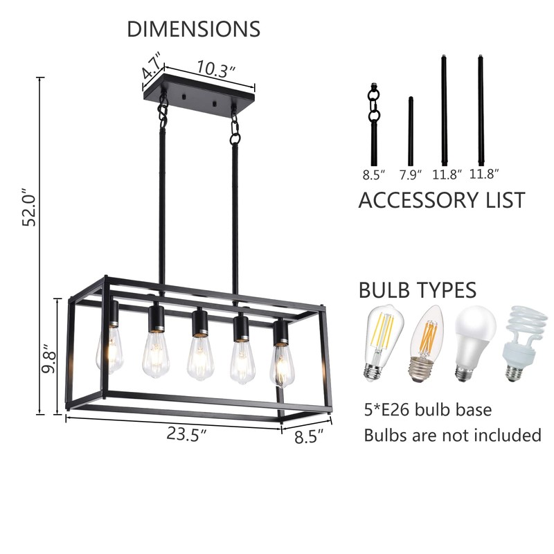 Lanhall 5-Light Kitchen Light Fixtures Black Farmhouse Chandelier Rectangular Dining