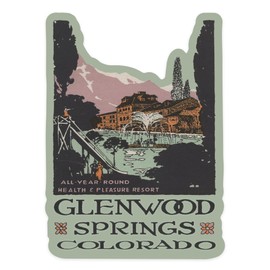 Die Cut Sticker Glenwood Springs, Colorado, View of Health Resort, Contour, Artwork Vinyl Sticker 1 to 3 inches (Waterproof Decal for Cars, Water Bottles, Laptops, Coolers), Small