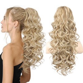 REECHO Ponytail Extension, 24" Claw Clip in Ponytail Extensions Long Curly Wavy Jaw Clip on Pony Tails Hairpiece for Women, Honey Blonde with Highlights