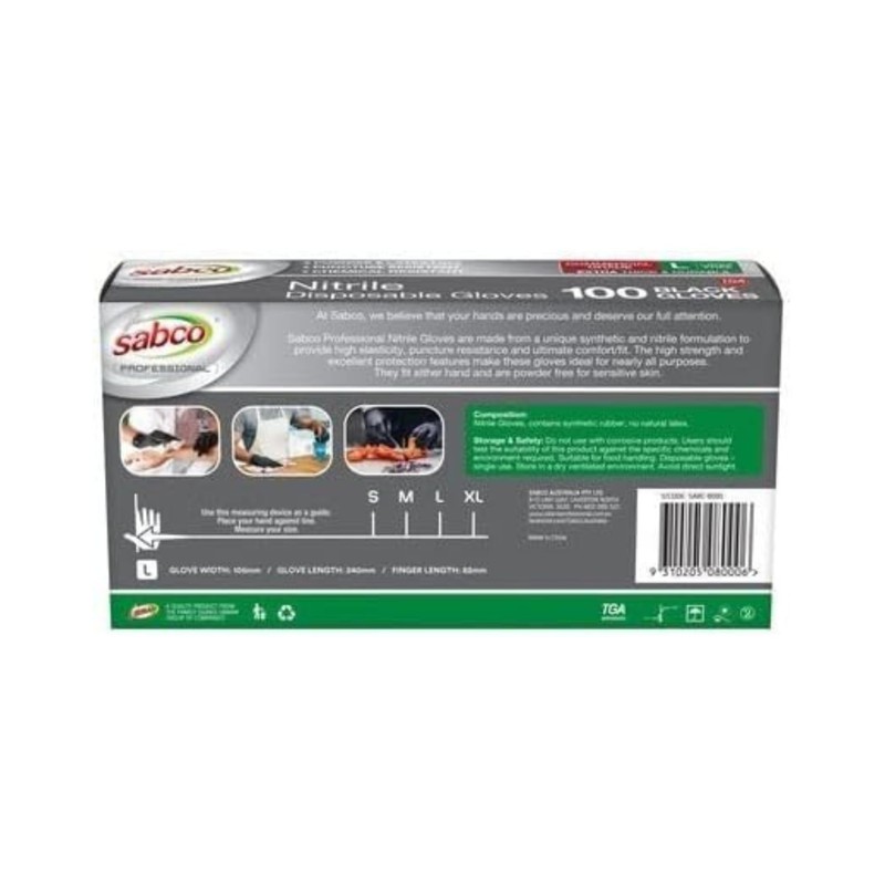 Sabco Black Extra Protection Nitrile Gloves 100 Pack - Large