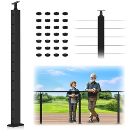 Gyykzz 42" Cable Railing Post, Adjustable Top Level Drilled Line Post with Cable Grommets, Stainless Steel Black Powder Coated Finish Handrail Post, Heavy-Duty Wire Railing Post for Wood/Concrete Deck