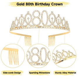 Uintoon 80th Birthday Decorations Gold Tiara Crown and 80 & Fabulous Sash Set for Women Happy 80th Birthday Gifts Ideas for Women 80 Year Old Woman Party Favors