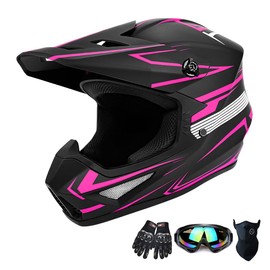 TTMiku DOT Youth Adult Motocross Dirt Bike Helmet W/Goggles Gloves & Mask, Quick Release Buckle Adjustable Sun Visor ATV BMX MX Quad Off-Road Motorcycle Helmet, Pink, S