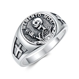 PELOVNY Memento Mori Ring 925 Sterling Silver Carpe Diem Skull Signet Rings for Men Stoic Jewelry Stoicism Gifts Unisex_Size 10