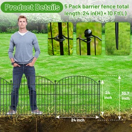 Animal Barrier Fence 5 Pack - 24 in (H) x 10ft (L) No Dig Dog Garden Decorative Fence Rustproof Metal Wire Panel Border, Rustproof Metal Wire Section Edging Fencing Panel