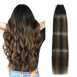 SUYYA Tape in Hair Extensions Human Hair 20 Pcs 50g Invisible Tape Hair Extensions Straight Tape Extensions Real Human Hair 20 Inches #P1B/6/T1B Balayage Natural Black to Chestnut Brown