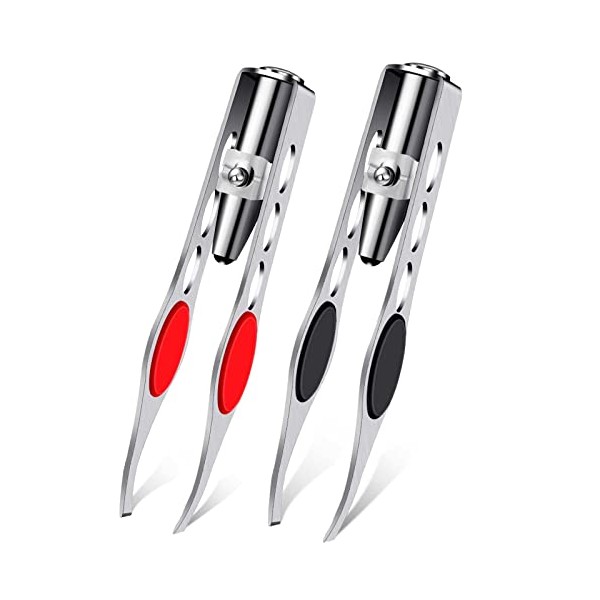 2 Pieces Tweezers with LED Light Hair Removal Lighted Tweezers Makeup Tweezers with Light for Women Precision Eyebrow Hair Removal Tweezers Stainless Steel Tweezers (Black, Red)