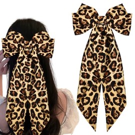 Leopard Bow Hair Clips Big Bowknot Hair Barrettes Leopard Print Hair Clips with Long Tail for Women Girls Vintage Cheetah Hair Pieces for Long Hair Styling Accessories, Camel