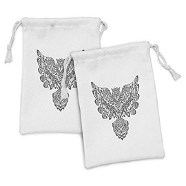 Ambesonne Owl Print Fabric Pouch Set of 2, Illustration of a Single Monochrome Animal in Bohemian Style Open Wings, Small Drawstring Bag for Toiletries Masks and Favors, 9" x 6", Dimgray and White