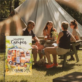 Vigor Home Happy Camper Camping Garden Flag Double Sided 12×18 Inch,Vertical Burlap RV Campfire Firepit Flags for Campsite Yard Outdoor Party Decoration